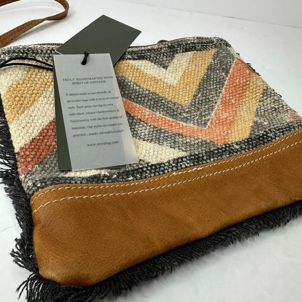 Myra Bag NWT Wool Chevron Crossbody Leather Trim Fringe Boho Upcycled Purse